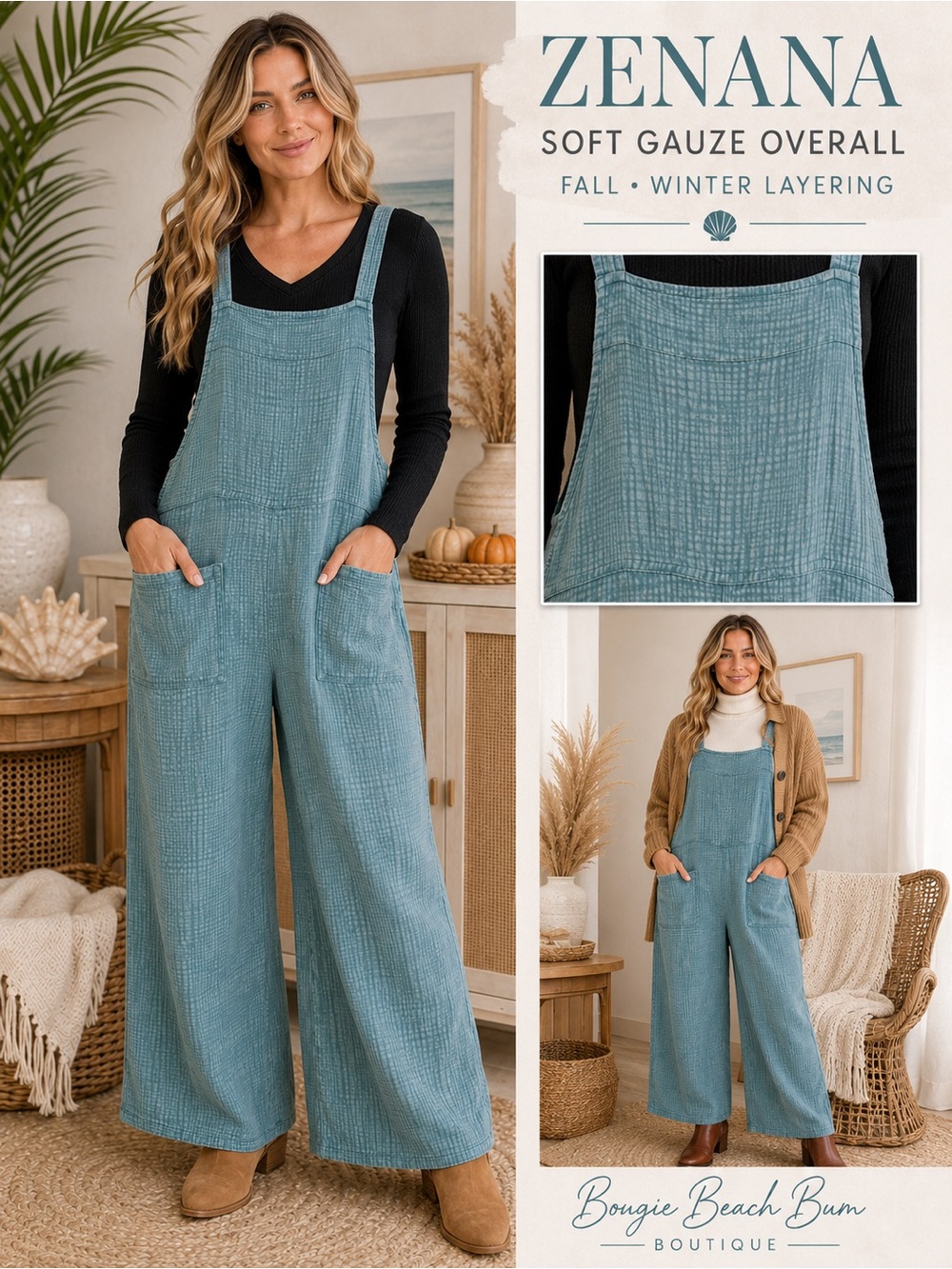 Zenana Outfitters Women's Soft Gauze Overalls - Teal Blue